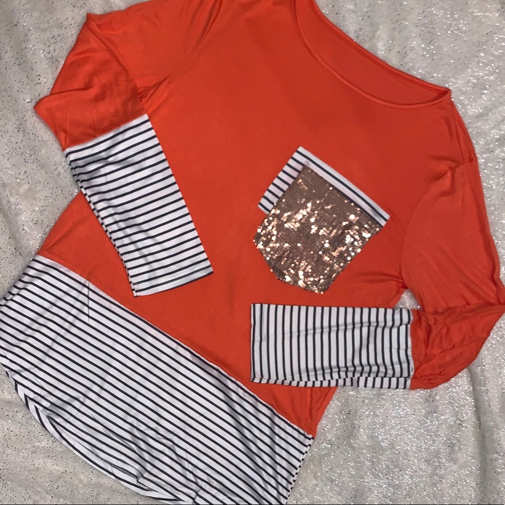 Orange Striped Sequin Pocket Shirt - Picture 10 of 14